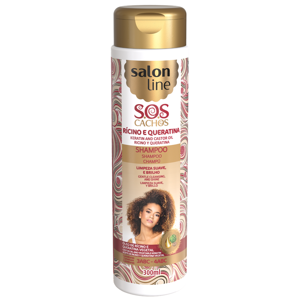 Shampooing - SOS Boucles - Huile de Ricin et Kératine - Nettoie en Douceur et Renforce les Cheveux - Salon Line 300ml